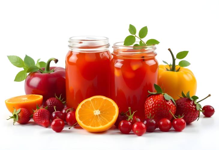 Fruit Jams and Compotes in Glass Jars Isolated on White Background